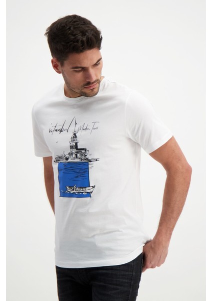 Erkek Bisiklet Yaka Baskılı T-Shirt