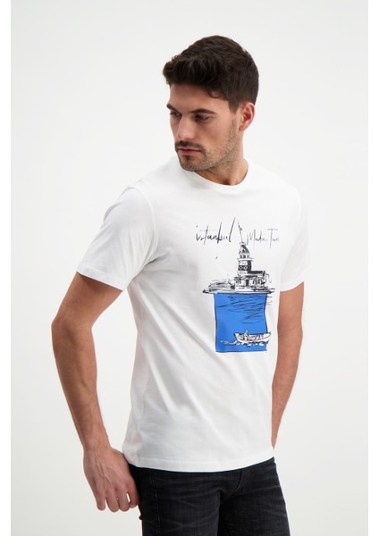Erkek Bisiklet Yaka Baskılı T-Shirt