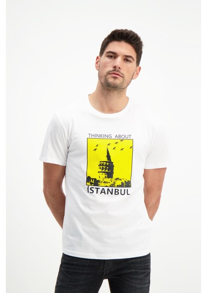 Erkek Bisiklet Yaka Baskılı T-Shirt