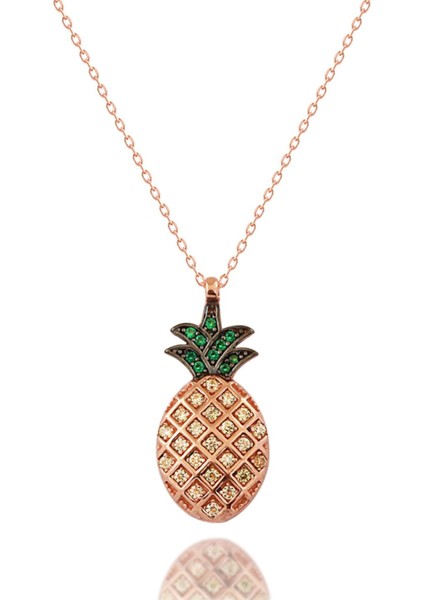 925 Ayar Gümüş Zirkon Taşlı Tropik Ananas Tasarımlı Kolye Rose