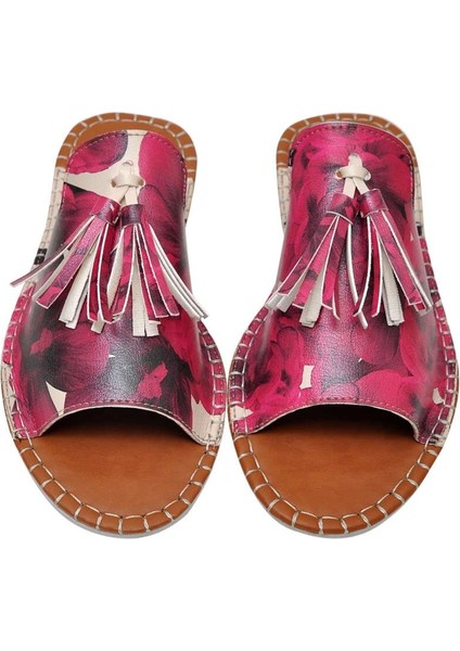 Kadın Vegan Deri Pembe Terlik - Flowers On My Shoes Tasarım