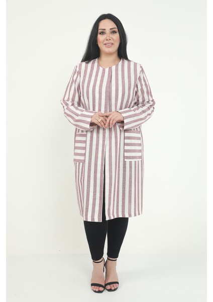 Yuvarlak Yaka Boyuna Çizgili Astarsız Ceket