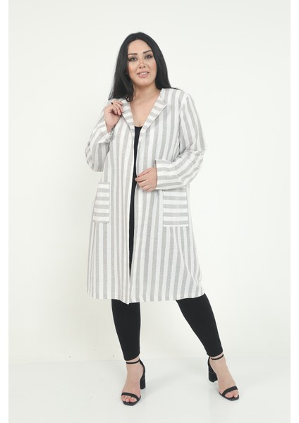 Yuvarlak Yaka Boyuna Çizgili Astarsız Ceket