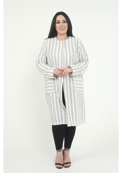 Yuvarlak Yaka Boyuna Çizgili Astarsız Ceket indirimleri