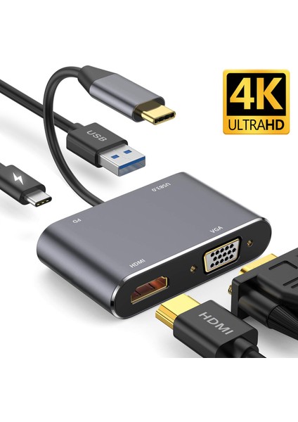 CF02 Macbook Uyumlu Type-C™ To 4K Ultra Hd 1080p Hdmı/ Vga/ Pd Şarj/ USB 3.0 4IN1 Çevirici Hub Adaptör