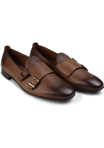 Deri Taba Rengi Çift Tokalı Erkek Loafer