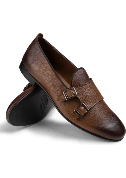 Deri Taba Rengi Çift Tokalı Erkek Loafer