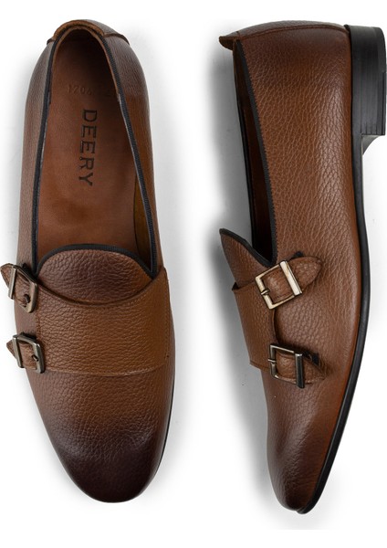 Deri Taba Rengi Çift Tokalı Erkek Loafer
