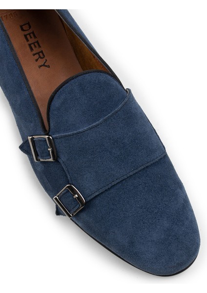 Süet Mavi Çift Tokalı Erkek Loafer