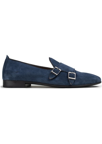Süet Mavi Çift Tokalı Erkek Loafer