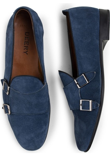 Süet Mavi Çift Tokalı Erkek Loafer fırsatları