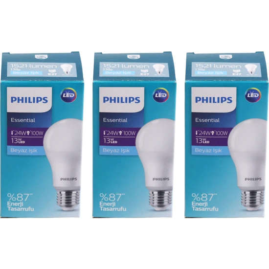 Philips Essential LED Lamba 13W - 100W E27 Duy 6500K Beyaz Işık( 3 Lü Paket)