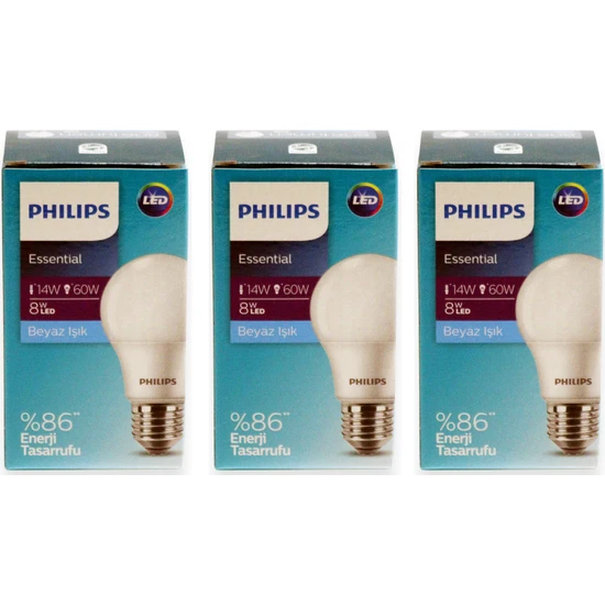 Philips Essential LED Ampul 8W - 60W E27 Beyaz Işık (3 Lü Paket )