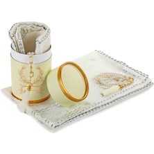 İhvan Online  Silindir Kutulu Set - Inci Tesbihli - Varaklı Kesik Elyaf Mevlid Örtülü - Krem Renk