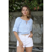Rapellin Bağlama Detaylı Crop Bluz 1736 Mavi M