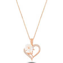 Htc Gümüş Sepeti Zirkon Taşlı Rose Kalpli Manolya Çiçeği Bayan Gümüş Kolye