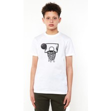 Qivi Basketbol Top Pota Baskılı Unisex Çocuk Beyaz T-Shirt