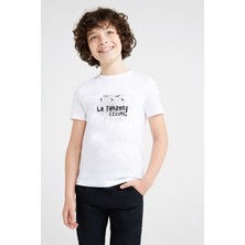 Qivi La Tahzen Üzülme Baskılı Unisex Çocuk Beyaz Tshirt