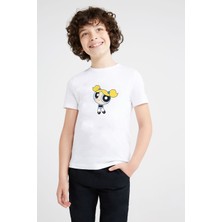 Qivi Powerpuff Girls Bubbles Baskılı Unisex Çocuk Beyaz T-Shirt