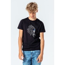 Qivi Kızılderili Kız Mavi Şeritli Baskılı Unisex Çocuk Siyah Tshirt