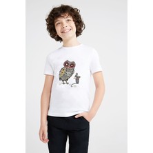 Qivi Baykuş ve Fare Baskılı Unisex Çocuk Beyaz T-Shirt
