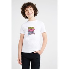 Qivi Peace Love Musıc Rock Baskılı Unisex Çocuk Beyaz T-Shirt