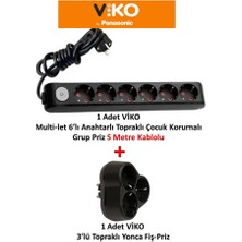Viko Siyah Set Multi-Let 6'lı Anahtarlı Topraklı Çocuk Korumalı Grup Priz-5 Metre + 3'lü Yonca Fiş-Priz