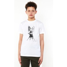 Qivi Anime Attack On Titan Baskılı Unisex Çocuk Beyaz T-Shirt