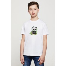 Qivi Panda Baskılı Unisex Çocuk Beyaz T-Shirt