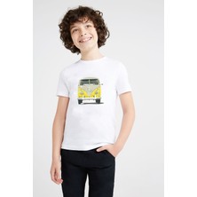 Qivi Sarı Volkswagen Van T1 Minubus Barış Baskılı Unisex Çocuk Beyaz T-Shirt