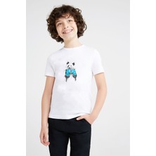 Qivi Panda Boxing Sketch Baskılı Unisex Çocuk Beyaz T-Shirt