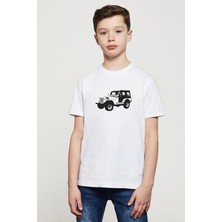 Qivi Silhouette Jeep Baskılı Unisex Çocuk Beyaz T-Shirt