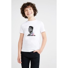 Qivi Muhammed Ali Brush Baskılı Unisex Çocuk Beyaz T-Shirt