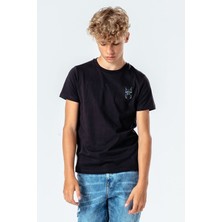 Qivi Dj Kedi Gözlük Kulaklık Göğüs Baskılı Unisex Çocuk Siyah T-Shirt