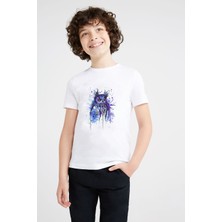 Qivi Owl Mavi Kedi Sulu Boya Baskılı Unisex Çocuk Beyaz T-Shirt