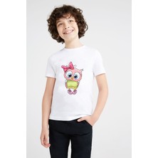 Qivi Baykuş Kız Pembe Baskılı Unisex Çocuk Beyaz T-Shirt