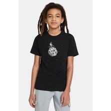 Qivi Astronot Ay Bisiklet Baskılı Unisex Çocuk Siyah T-Shirt
