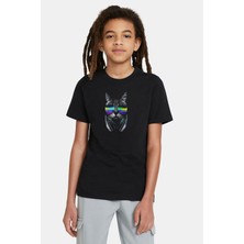 Qivi Dj Kedi Gözlük Kulaklık Baskılı Unisex Çocuk Siyah T-Shirt