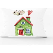 Real Homes Minyatür Yeşil Ev Çizimli Dijital Baskılı Modern Dikdörtgen Kırlent Kılıfı