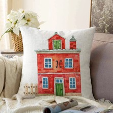 Real Homes Minyatür Kırmızı Ev Çizimli Dijital Baskılı Dekoratif Şönil Yastık Kırlent Kılıfı