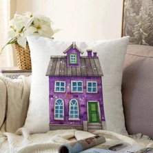Real Homes Minyatür Mor Ev Çizimli Dijital Baskılı Modern Şönil Yastık Kırlent Kılıfı