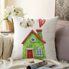 Real Homes Minyatür Yeşil Ev Çizimli Dijital Baskılı Modern Şönil Yastık Kırlent Kılıfı
