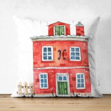 Real Homes Minyatür Kırmızı Ev Çizimli Dijital Baskılı Dekoratif Süet Yastık Kırlent Kılıfı
