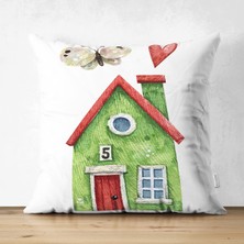 Real Homes Minyatür Yeşil Ev Çizimli Dijital Baskılı Modern Süet Yastık Kırlent Kılıfı