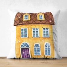 Real Homes Minyatür Sarı Ev Çizimli Dijital Baskılı Dekoratif Süet Yastık Kırlent Kılıfı