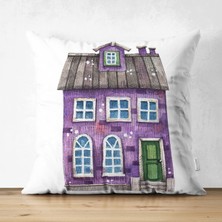 Real Homes Minyatür Mor Ev Çizimli Dijital Baskılı Modern Süet Yastık Kırlent Kılıfı