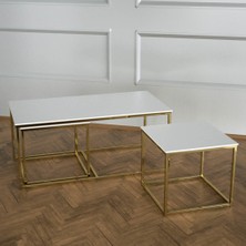 Evka Twins Iç Içe Geçmiş Sehpa - Pirinç Ayak Beyaz Lake Tabla