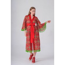 Narina Ince Vual Kumaştan  Pamuklu Kimono  Püskül Detaylı Uzun  Pareo ve Plaj Elbisesi