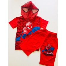 Gaga Örümcek Adam Spiderman Maskeli Kapri Şort Tshirt Eşofman Takımı Kostüm Duv