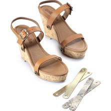 Galibelle Kadın Dolgu Topuklu Sandalet  Mantar  Tabanlı  Kahve Altın Beyaz  (Değiştirilebilir Üst Kayışlı)